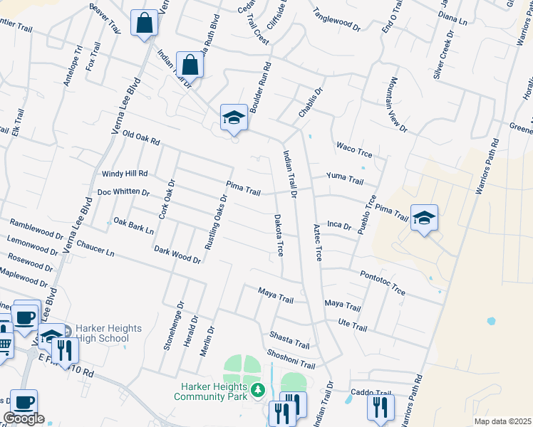 map of restaurants, bars, coffee shops, grocery stores, and more near 1423 Natchez Trail in Harker Heights