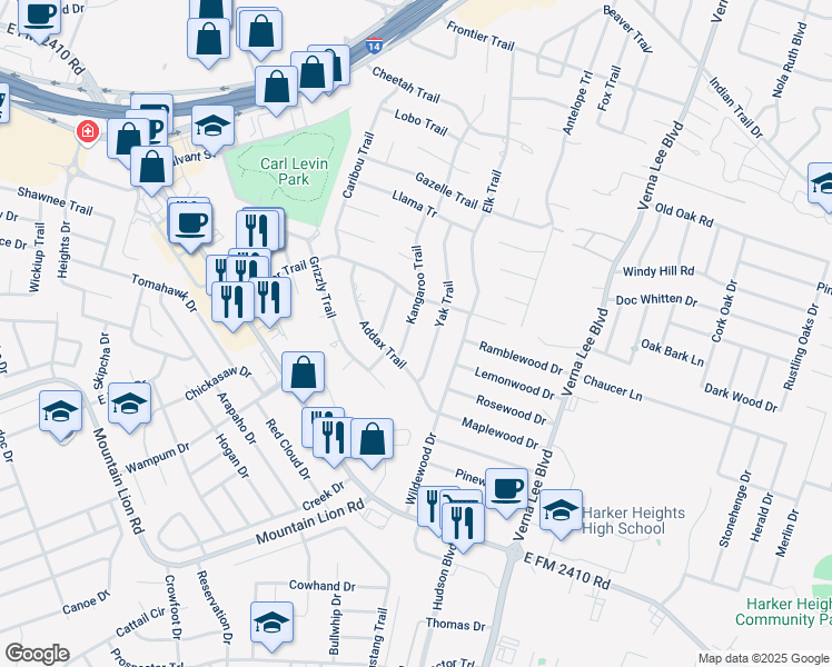 map of restaurants, bars, coffee shops, grocery stores, and more near 2107 Yak Trail in Harker Heights