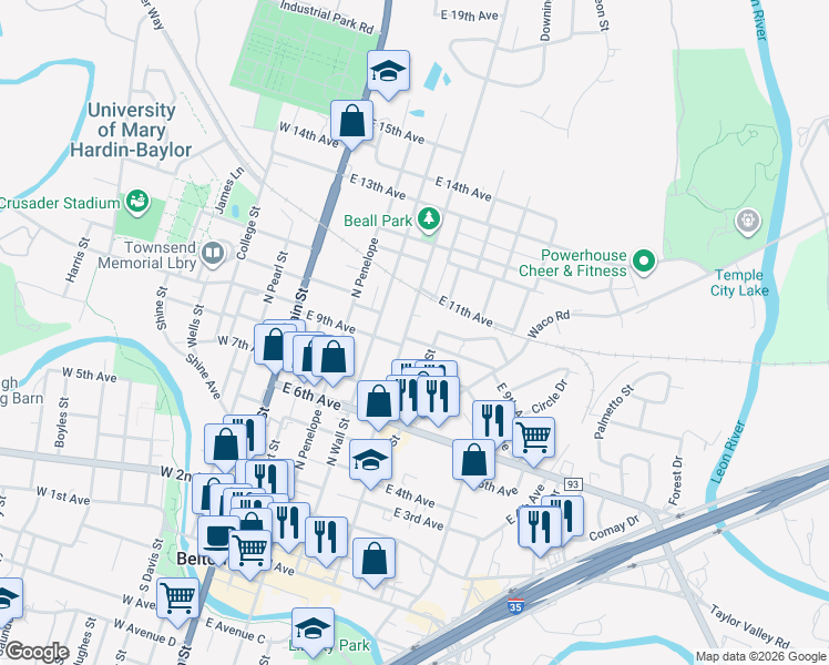 map of restaurants, bars, coffee shops, grocery stores, and more near 805 North Beal Street in Belton