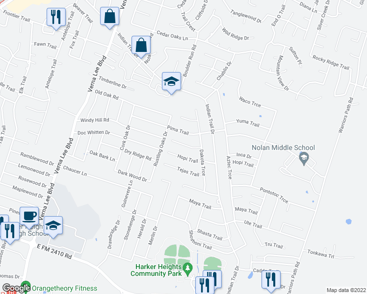 map of restaurants, bars, coffee shops, grocery stores, and more near 1412 Natchez Trail in Harker Heights