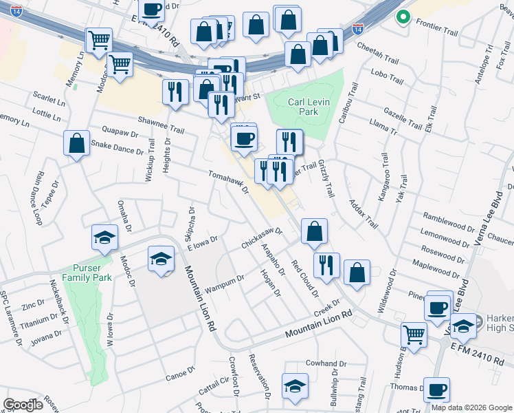 map of restaurants, bars, coffee shops, grocery stores, and more near 411 Arapaho Drive in Harker Heights