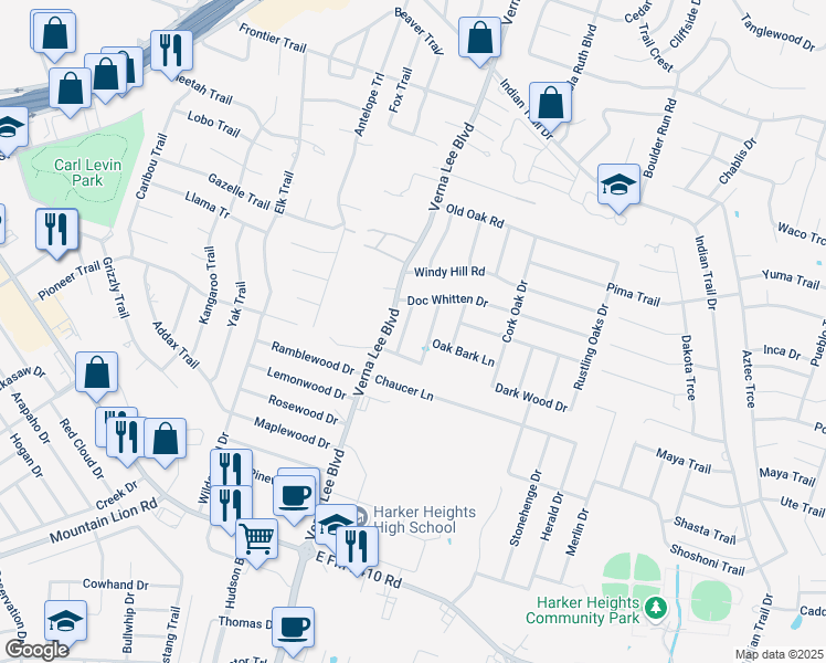 map of restaurants, bars, coffee shops, grocery stores, and more near 2031 Catkins in Harker Heights