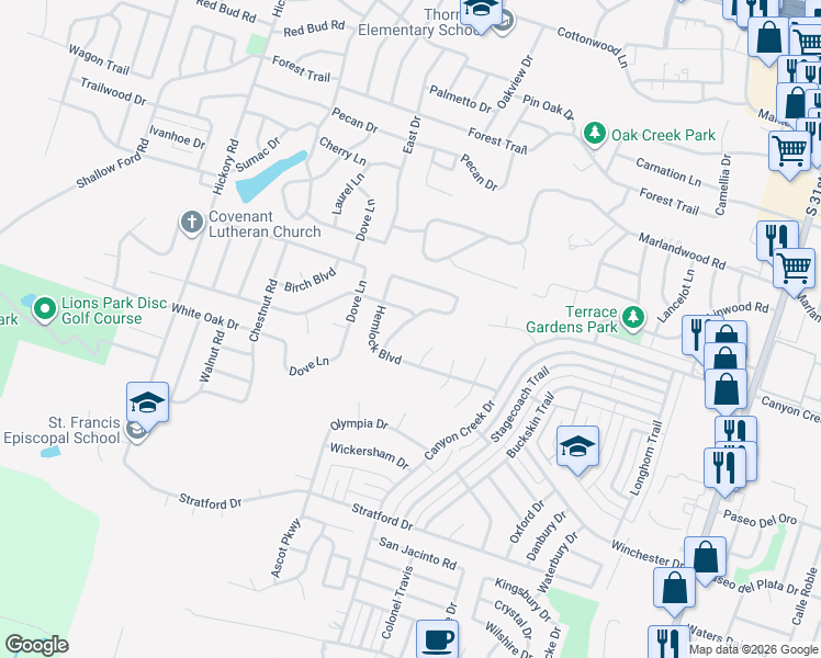map of restaurants, bars, coffee shops, grocery stores, and more near 2805 Creek Side Drive in Temple