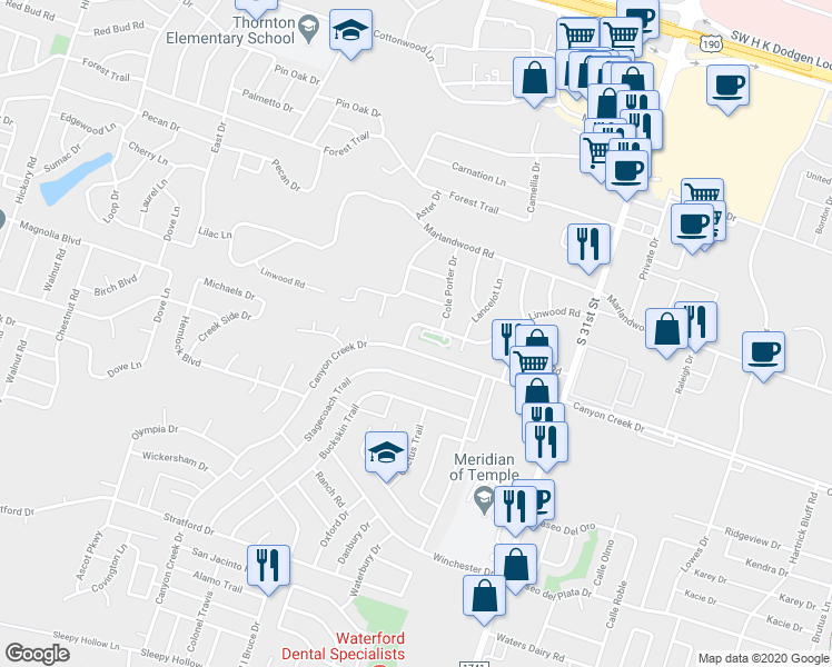 map of restaurants, bars, coffee shops, grocery stores, and more near 4003 Linwood Road in Temple
