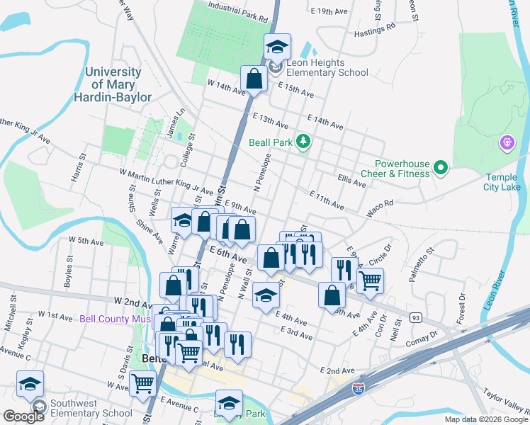 map of restaurants, bars, coffee shops, grocery stores, and more near 900 North Wall Street in Belton