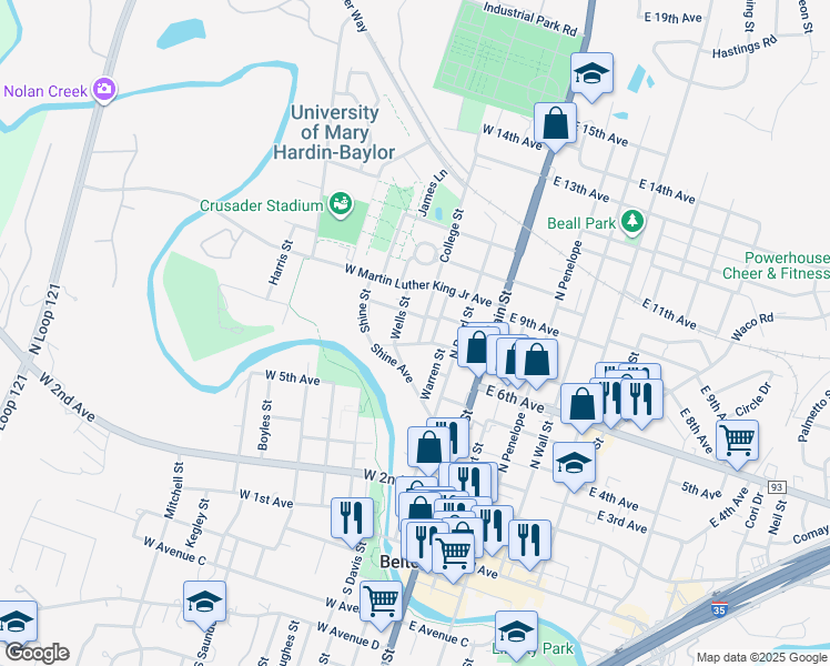 map of restaurants, bars, coffee shops, grocery stores, and more near 311 East 7th Avenue in Belton