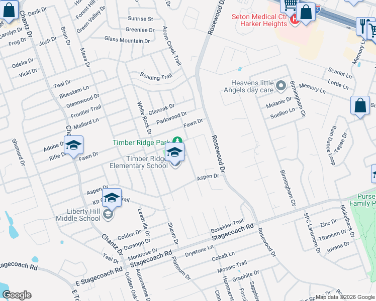 map of restaurants, bars, coffee shops, grocery stores, and more near 5306 Hunters Ridge Trail in Killeen