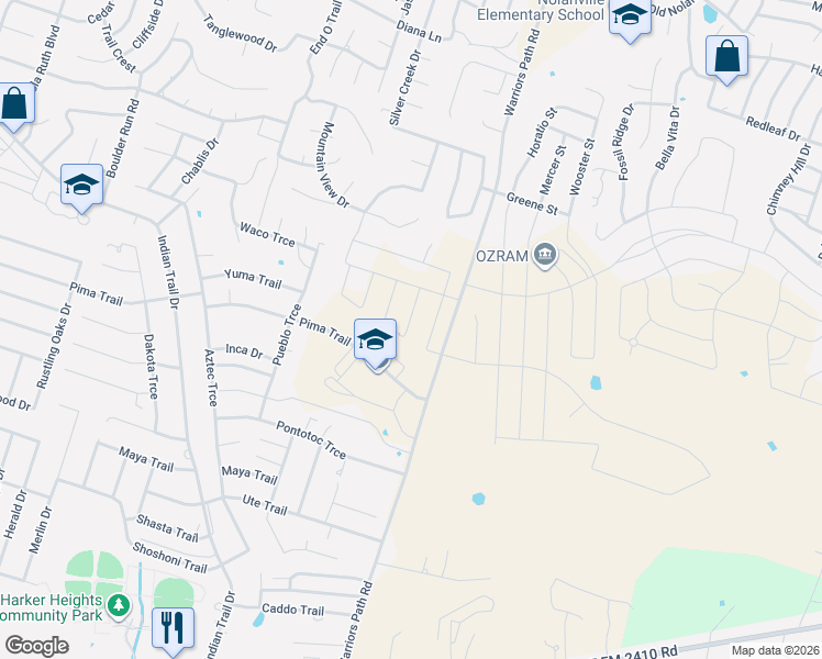 map of restaurants, bars, coffee shops, grocery stores, and more near 1600 Warriors Path Road in Harker Heights