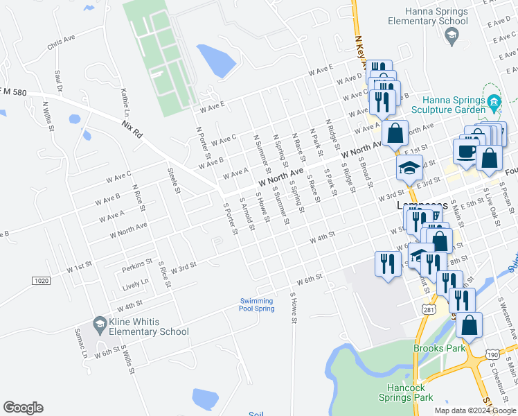 map of restaurants, bars, coffee shops, grocery stores, and more near 202 South Howe Street in Lampasas