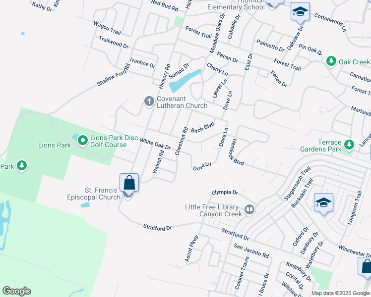 map of restaurants, bars, coffee shops, grocery stores, and more near 3202 White Oak Drive in Temple