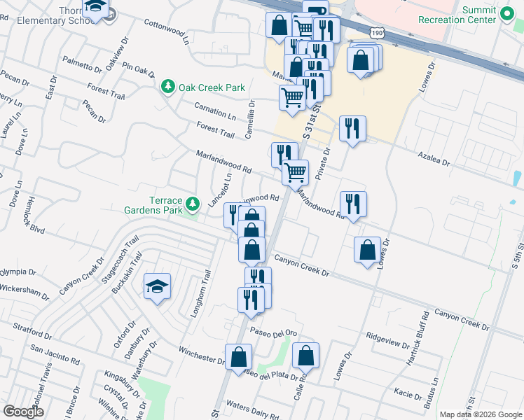 map of restaurants, bars, coffee shops, grocery stores, and more near 3901 Mariam Road in Temple