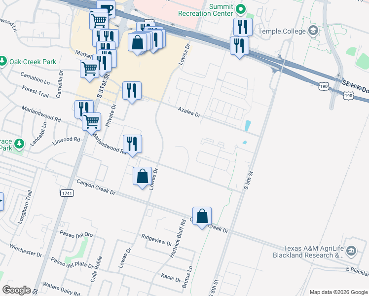 map of restaurants, bars, coffee shops, grocery stores, and more near 764 Marlandwood Road in Temple