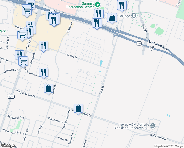 map of restaurants, bars, coffee shops, grocery stores, and more near 3506 South 5th Street in Temple