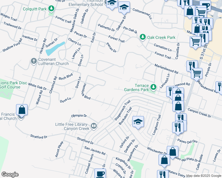 map of restaurants, bars, coffee shops, grocery stores, and more near 2510 Canyon Cliff Drive in Temple