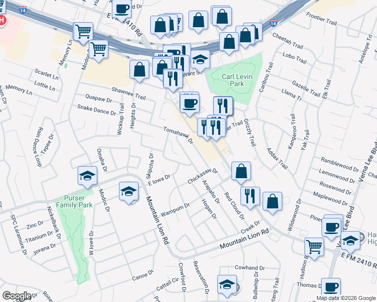 map of restaurants, bars, coffee shops, grocery stores, and more near 408 Tomahawk Drive in Harker Heights