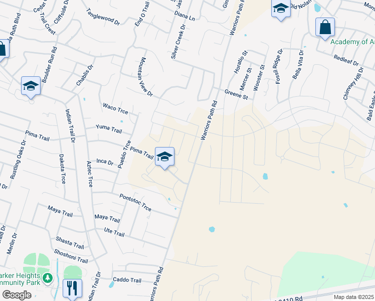 map of restaurants, bars, coffee shops, grocery stores, and more near 1600 Warriors Path Road in Harker Heights