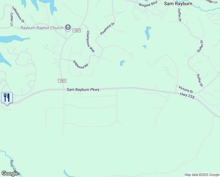 map of restaurants, bars, coffee shops, grocery stores, and more near 3015 Sam Rayburn Parkway in Brookeland