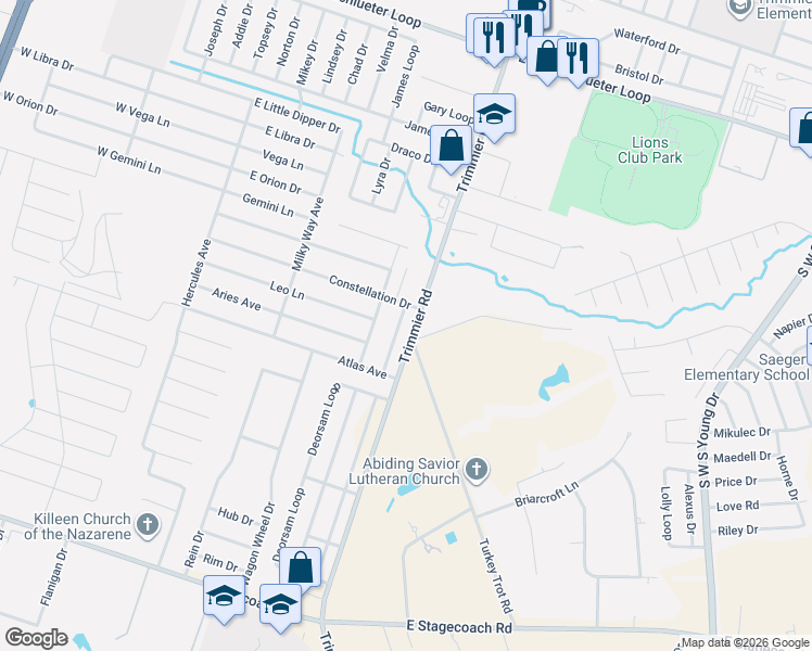 map of restaurants, bars, coffee shops, grocery stores, and more near 5706 Luminous Lane in Killeen