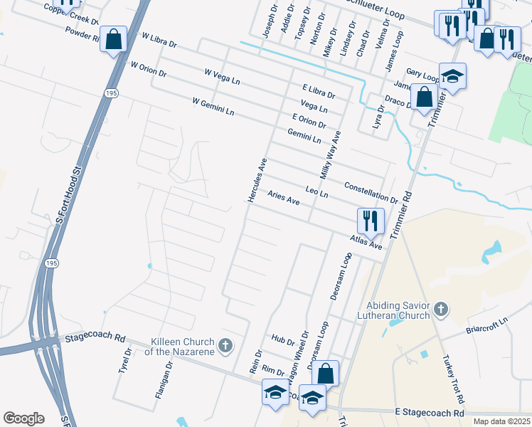 map of restaurants, bars, coffee shops, grocery stores, and more near 811 Holiday Drive in Killeen