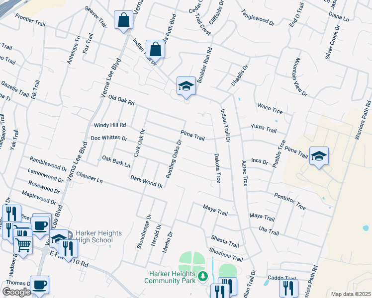 map of restaurants, bars, coffee shops, grocery stores, and more near 2017 Rustling Oaks Drive in Harker Heights