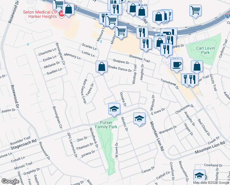map of restaurants, bars, coffee shops, grocery stores, and more near 2149 Modoc Drive in Harker Heights