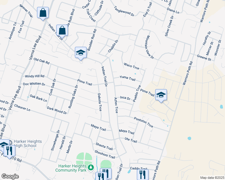 map of restaurants, bars, coffee shops, grocery stores, and more near 1606 Aztec Trce in Harker Heights