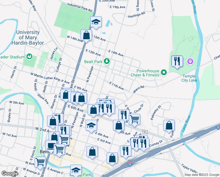 map of restaurants, bars, coffee shops, grocery stores, and more near 702 East 10th Avenue in Belton