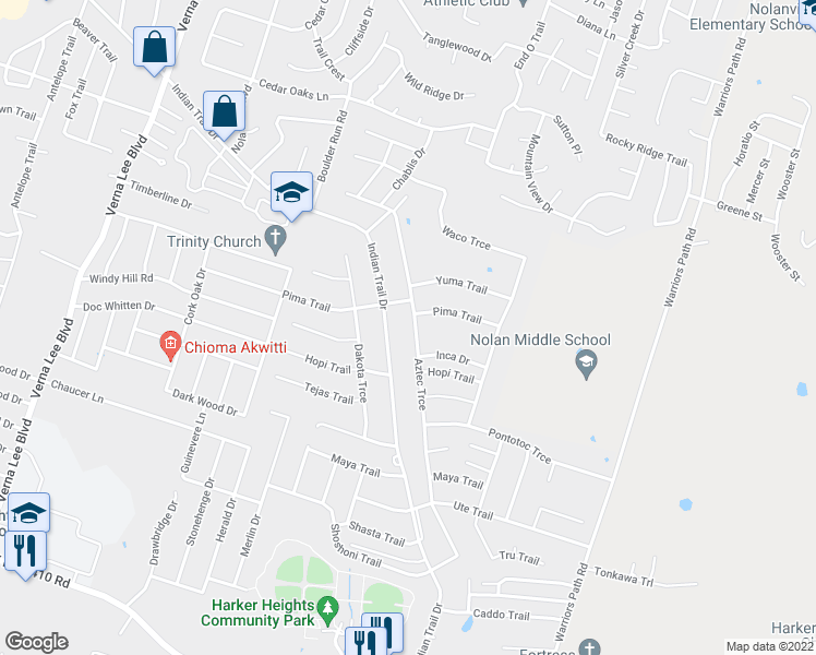 map of restaurants, bars, coffee shops, grocery stores, and more near 1613 Indian Trail in Harker Heights