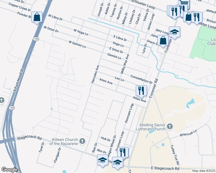 map of restaurants, bars, coffee shops, grocery stores, and more near 502 Atlas Avenue in Killeen