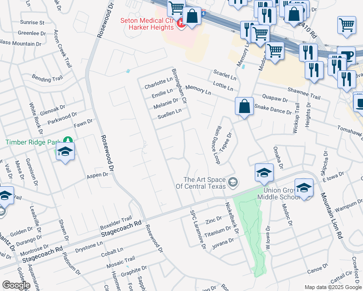 map of restaurants, bars, coffee shops, grocery stores, and more near 5403 Southern Belle Drive in Killeen