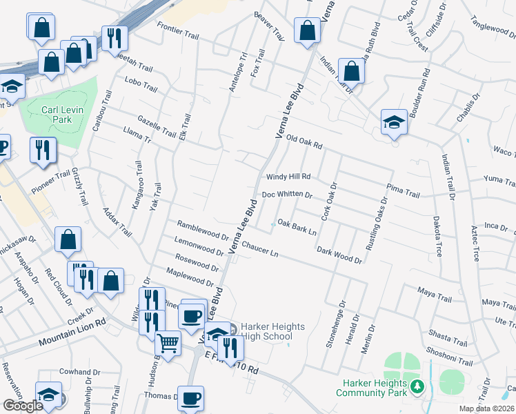 map of restaurants, bars, coffee shops, grocery stores, and more near 2031 Catkins in Harker Heights