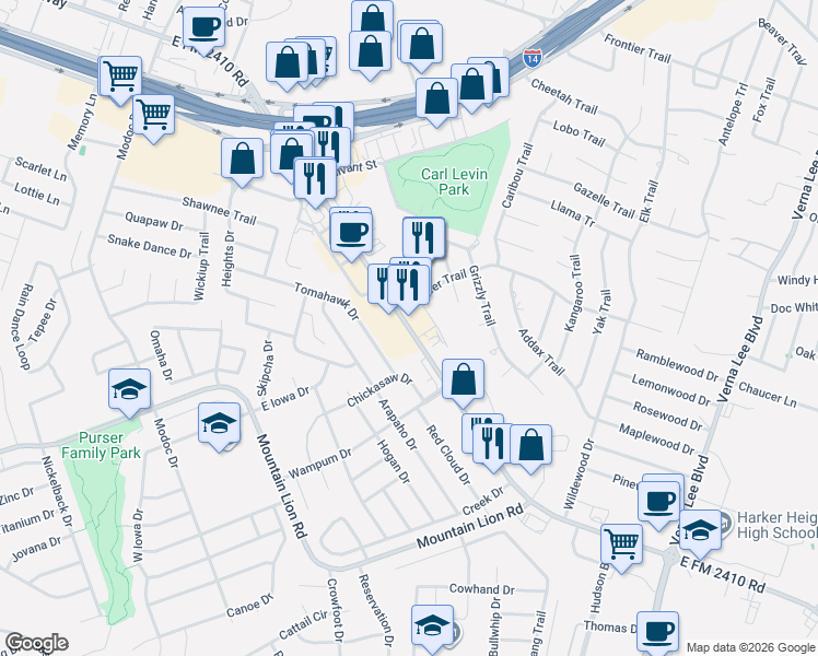 map of restaurants, bars, coffee shops, grocery stores, and more near 526 Farm to Market 2410 in Harker Heights