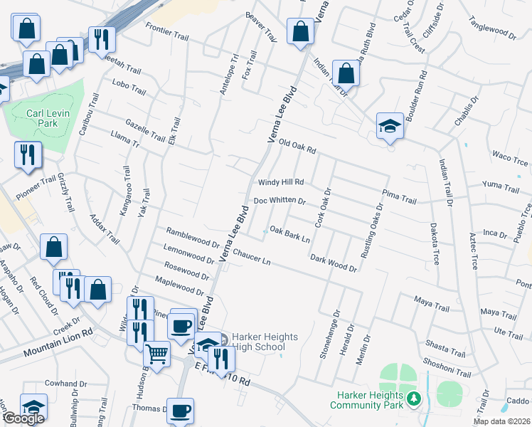 map of restaurants, bars, coffee shops, grocery stores, and more near 2031 Catkins in Harker Heights