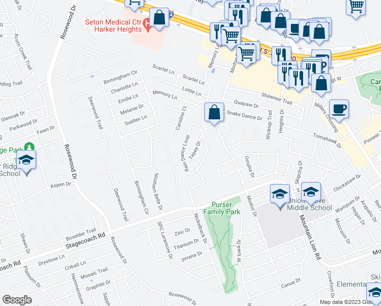 map of restaurants, bars, coffee shops, grocery stores, and more near 2014 Rain Dance Loop in Harker Heights