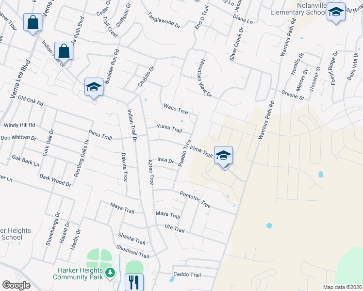 map of restaurants, bars, coffee shops, grocery stores, and more near 1709 Pueblo Trce in Harker Heights