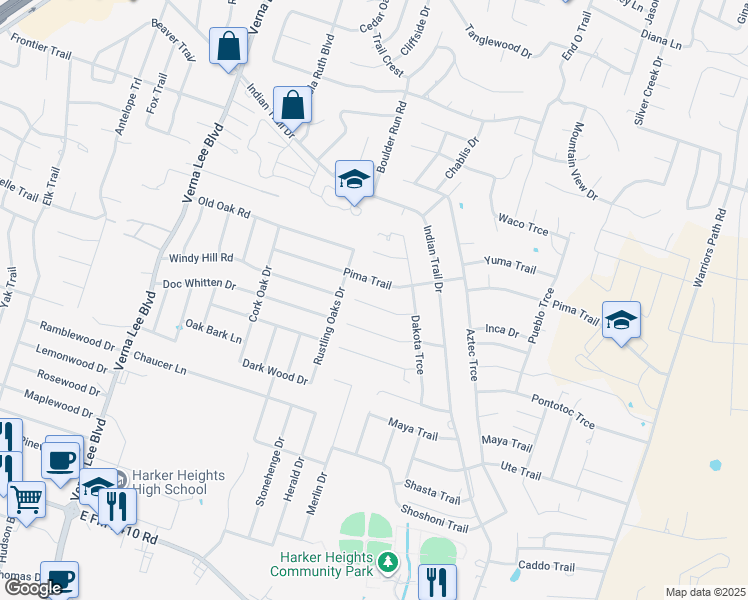 map of restaurants, bars, coffee shops, grocery stores, and more near 1412 Natchez Trail in Harker Heights