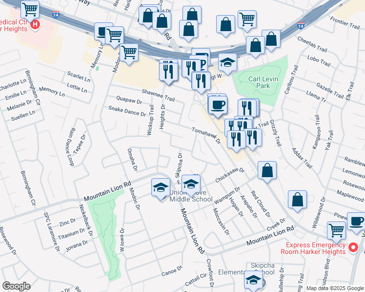 map of restaurants, bars, coffee shops, grocery stores, and more near 2301 Skipcha Drive in Harker Heights