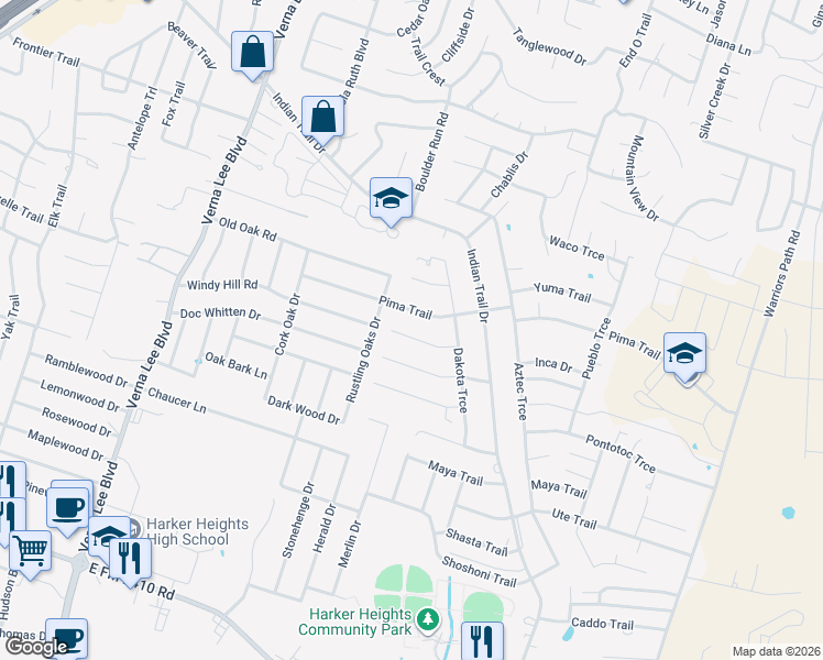 map of restaurants, bars, coffee shops, grocery stores, and more near 1412 Natchez Trail in Harker Heights