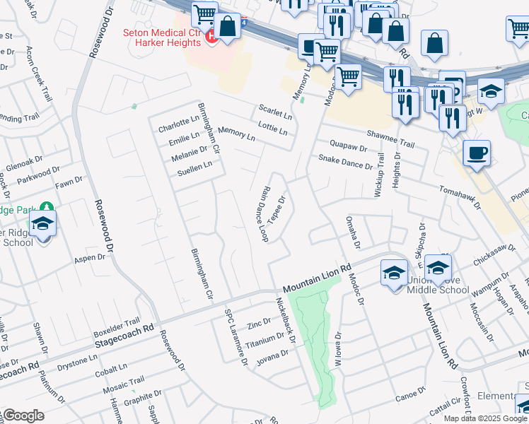 map of restaurants, bars, coffee shops, grocery stores, and more near 3015 Rain Dance Loop in Harker Heights