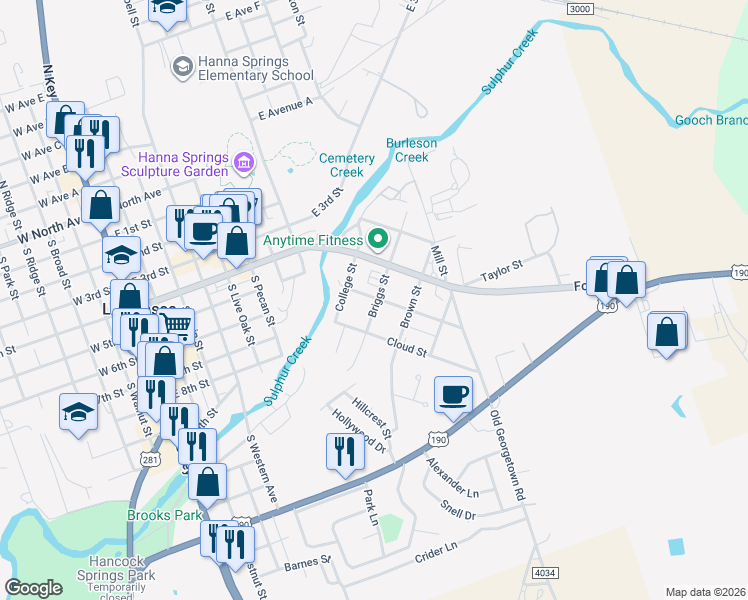 map of restaurants, bars, coffee shops, grocery stores, and more near 611 College Street in Lampasas