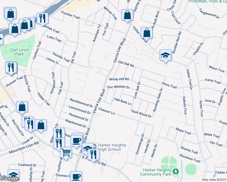 map of restaurants, bars, coffee shops, grocery stores, and more near 2031 Catkins in Harker Heights