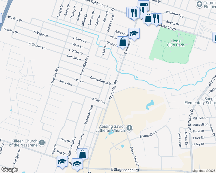 map of restaurants, bars, coffee shops, grocery stores, and more near 5706 Luminous Lane in Killeen