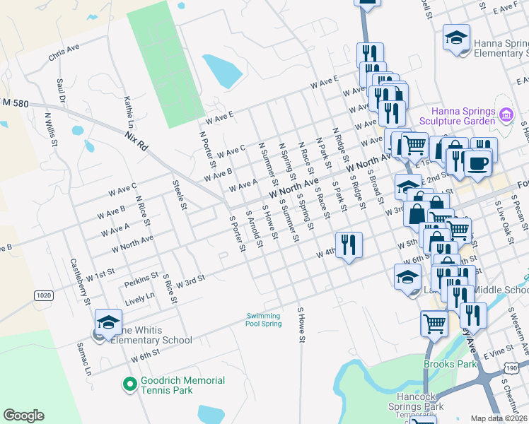 map of restaurants, bars, coffee shops, grocery stores, and more near 202 South Howe Street in Lampasas