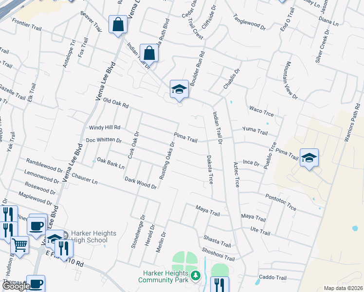 map of restaurants, bars, coffee shops, grocery stores, and more near 1412 Natchez Trail in Harker Heights