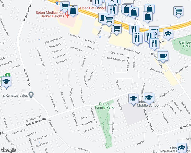 map of restaurants, bars, coffee shops, grocery stores, and more near 2004 Rain Dance Loop in Harker Heights