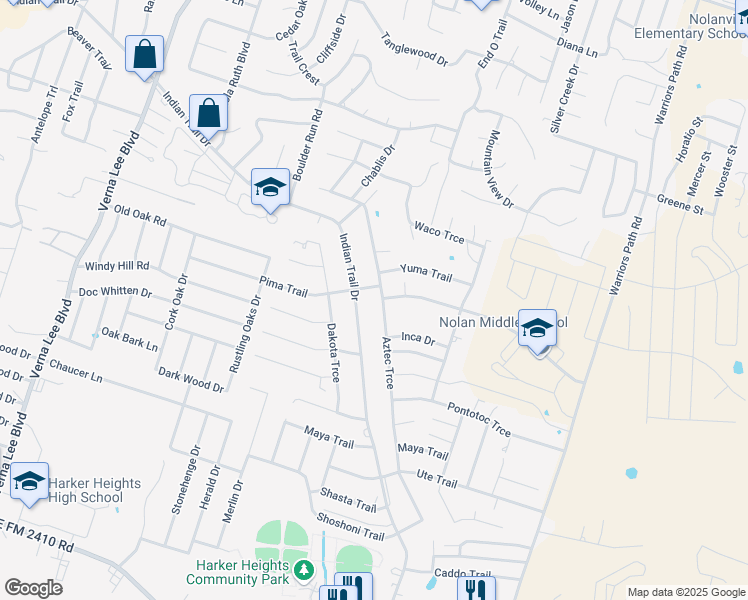 map of restaurants, bars, coffee shops, grocery stores, and more near 1602 Aztec Trce in Harker Heights