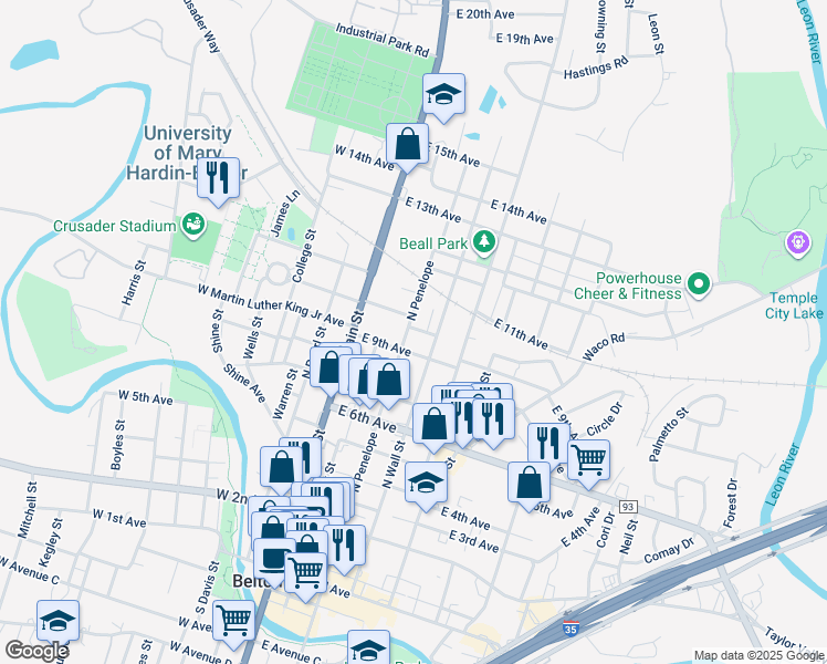 map of restaurants, bars, coffee shops, grocery stores, and more near 1021 North Penelope Street in Belton
