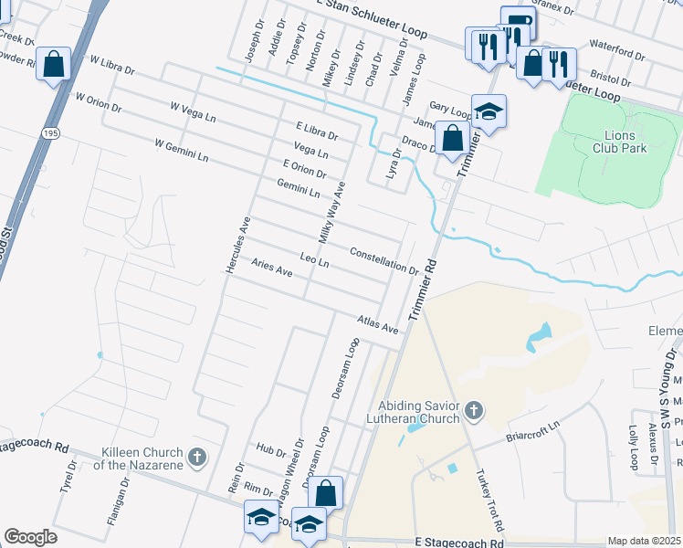 map of restaurants, bars, coffee shops, grocery stores, and more near 610 Constellation Drive in Killeen