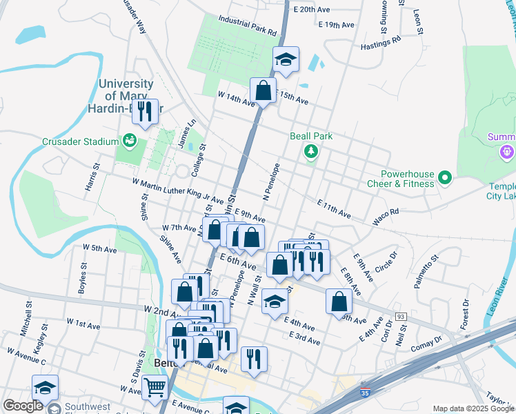 map of restaurants, bars, coffee shops, grocery stores, and more near 920 North Penelope Street in Belton