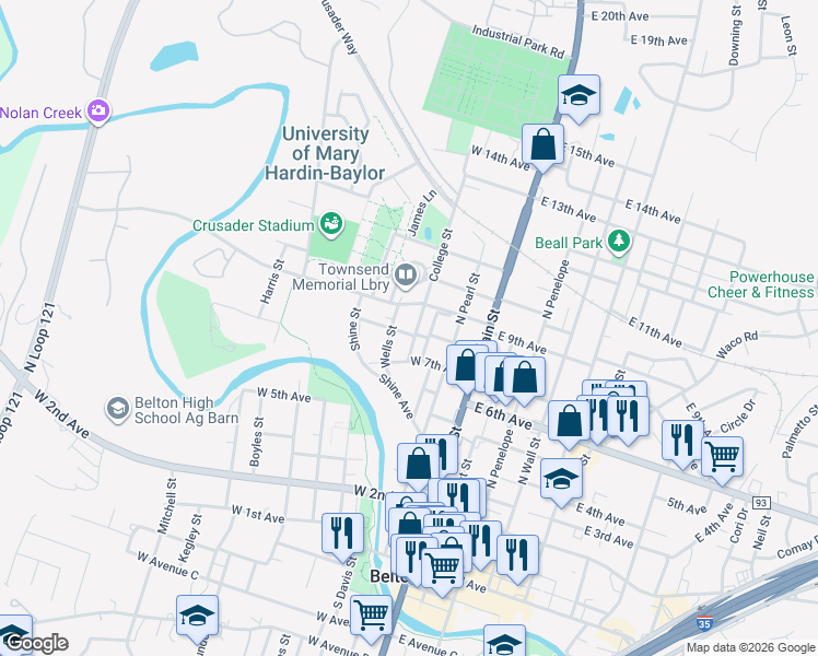 map of restaurants, bars, coffee shops, grocery stores, and more near 804 College Street in Belton